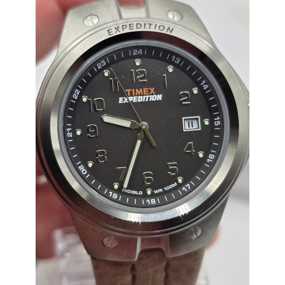 Timex Expedition Mens Watch Brown Leather Strap Indiglo 100M Silver Case Analog